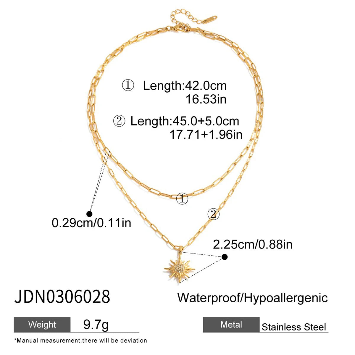 Uworld Unique Designer 18K Gold Color Plated Stainless Steel White Rhinestone Sun Pendant Necklace Stackable Multi Layer Necklac