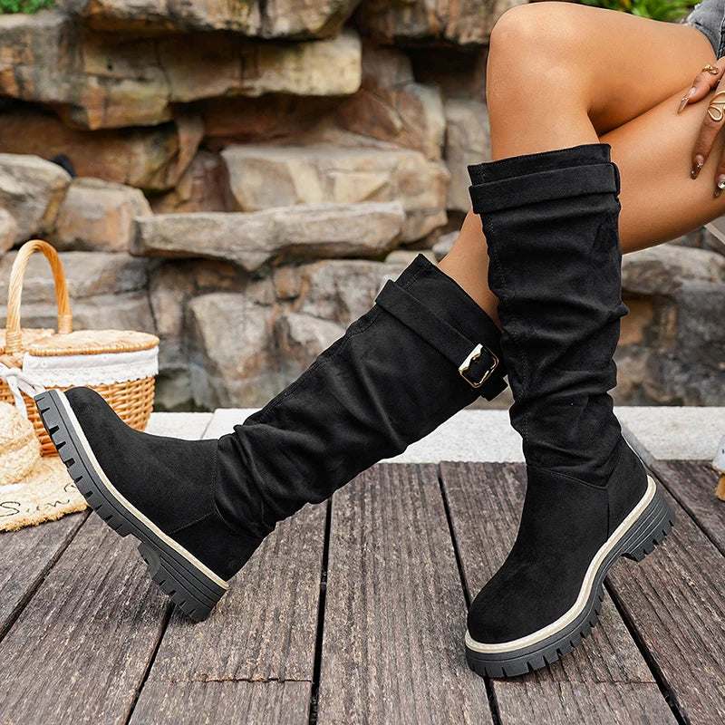 Buckle Decor Black Flock Knee High Boots Women Plus Size 43 Slip On Platform Long Boots Woman Autumn Winter Thick Sole Botas