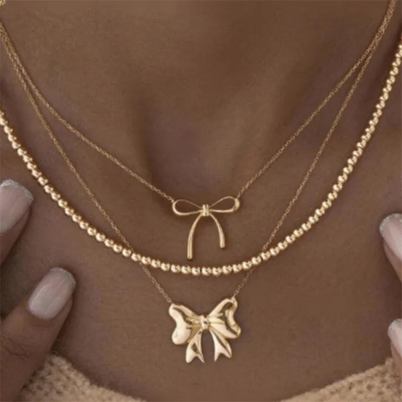 Fashion Multilayer Bowknot Pendant Necklace For Women Elegant Gold Color Clavicle Chain Charming Ladies Choker Jewelry Gifts