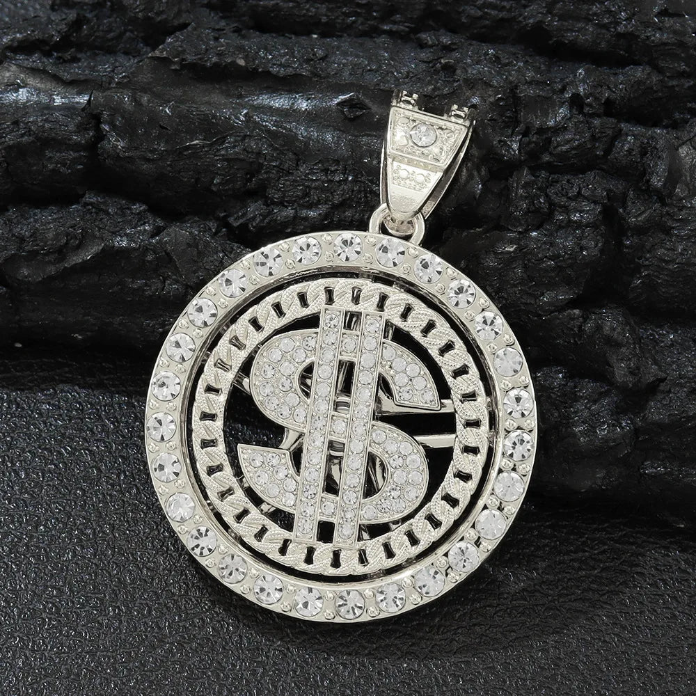 Men Hip Hop Big Rotatable US Dollar Money Sign Pendant Necklace 13mm Iced out Cuban Chain Choker Necklace Rap Rock Charm Jewelry