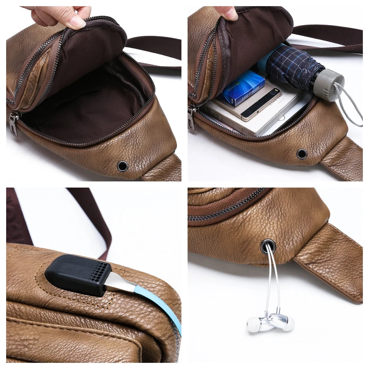 JEEP BULUO Men's Leather Chest Bag Sling Crossbody Shoulder Travel Outdoors