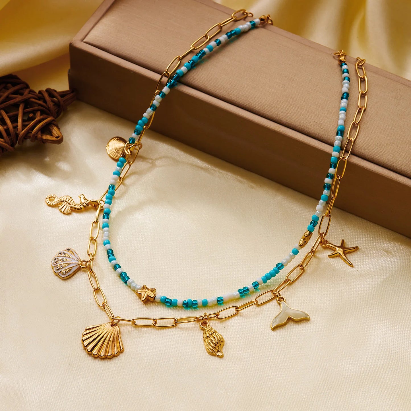 Tropical 2Pcs Layered Necklace Set For Women Ocean Themed Shell Seahorse Starfish Fish Tail Beaded Summer Beach Jewelry