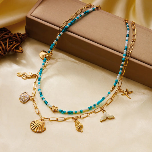 Tropical 2Pcs Layered Necklace Set For Women Ocean Themed Shell Seahorse Starfish Fish Tail Beaded Summer Beach Jewelry