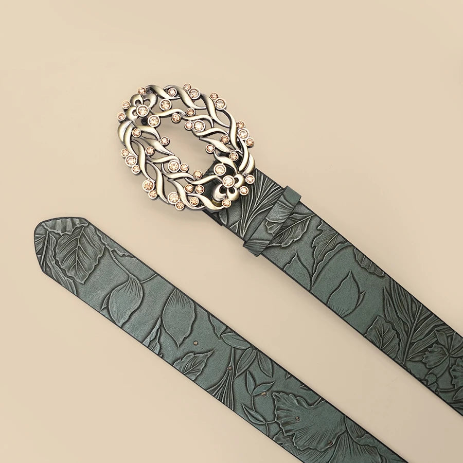 Deep Green Leaf Pattern Printed Women's Belt Vine Pattern Buckle Retro Casual Belt Jeans Dress Decoration