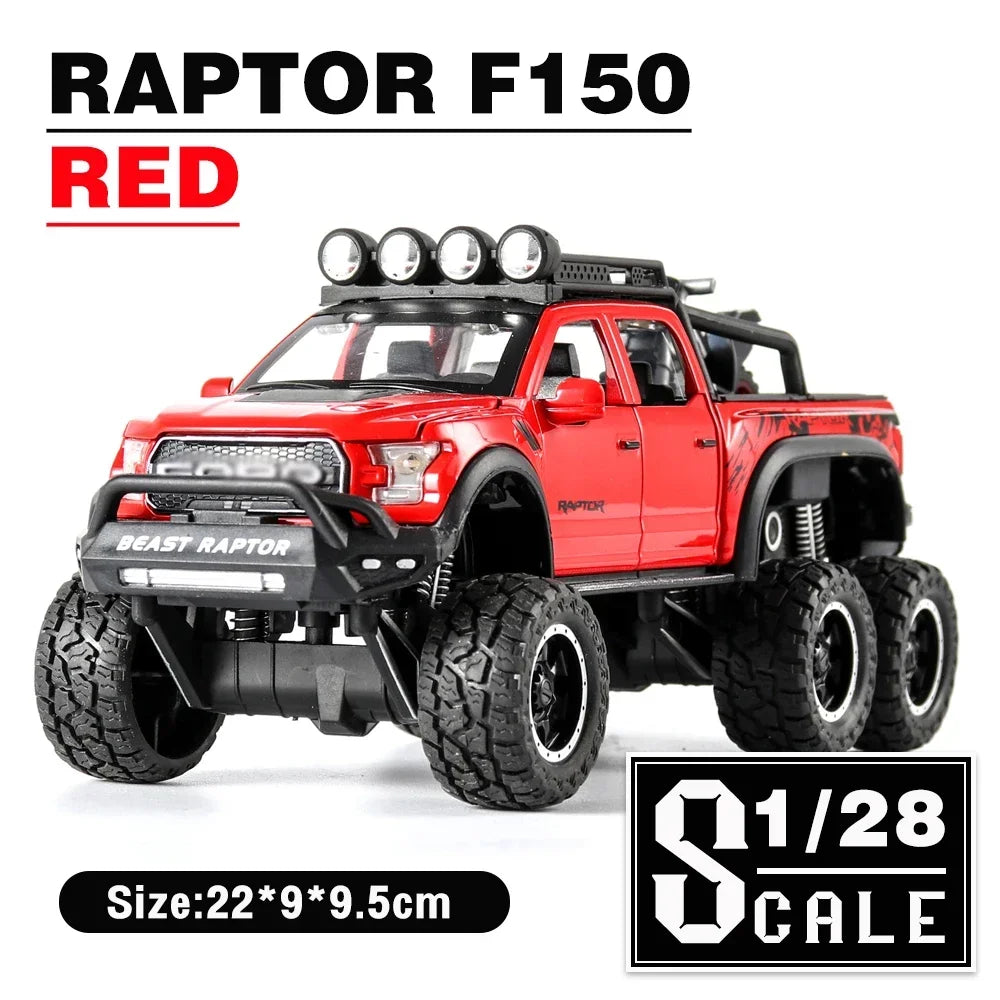 1/28 Scale Raptor F150 Alloy Truck Cars Model Toys Metal Diecasts Sound Light Pull Back Off-Road Vehicles for Kids Birthday Gift