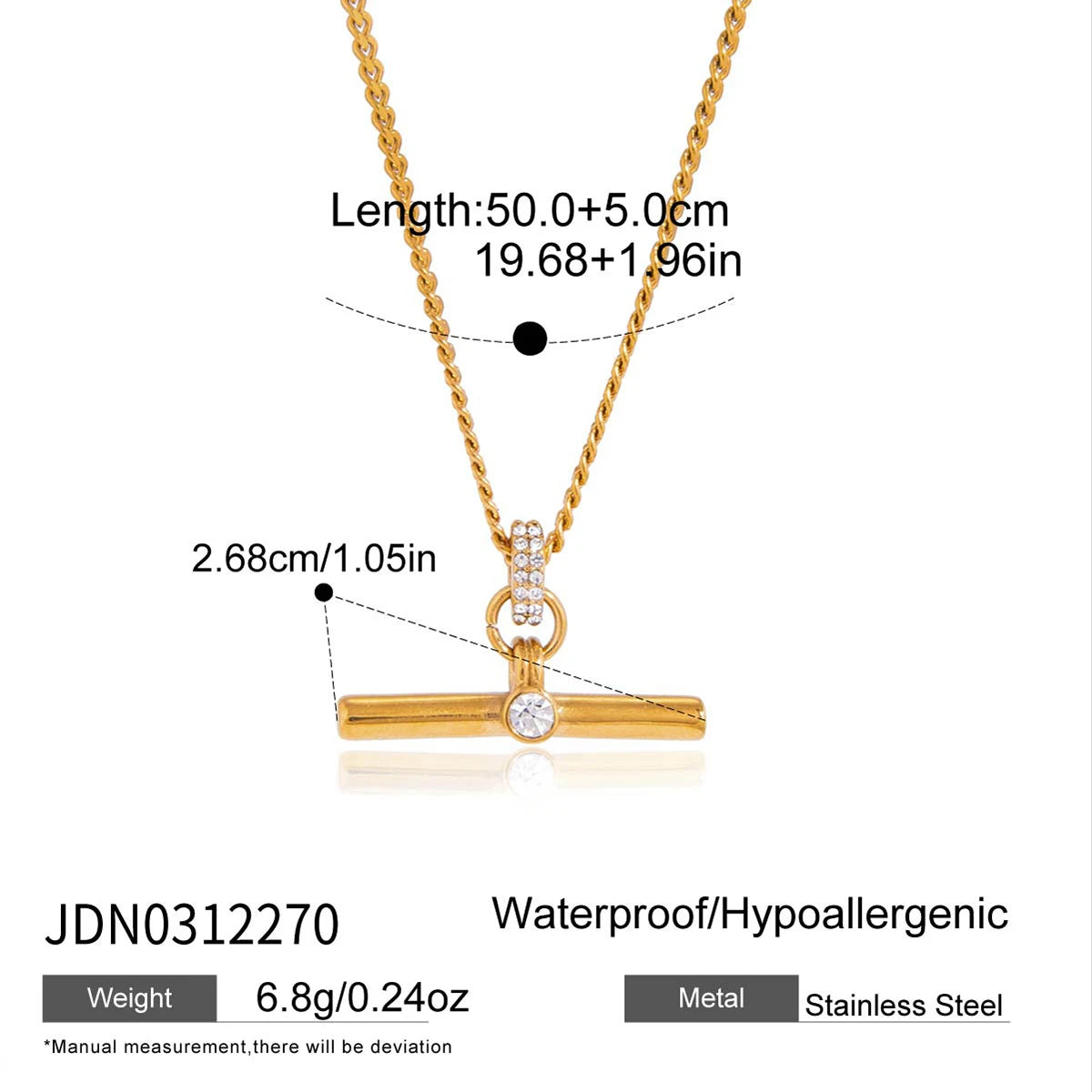 Uworld Delicate Gold Color White Rhinestone T-Bar Pendant Necklace Layered Jewelry For Women 18K PVD Plated Stainless Steel Gift