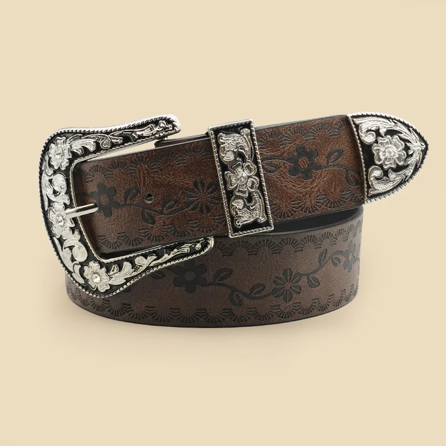 Vintage Carved Buckle Belt for Women Men - Brown Textured Floral Print Western Style Fashion Versatile Waistband Belt