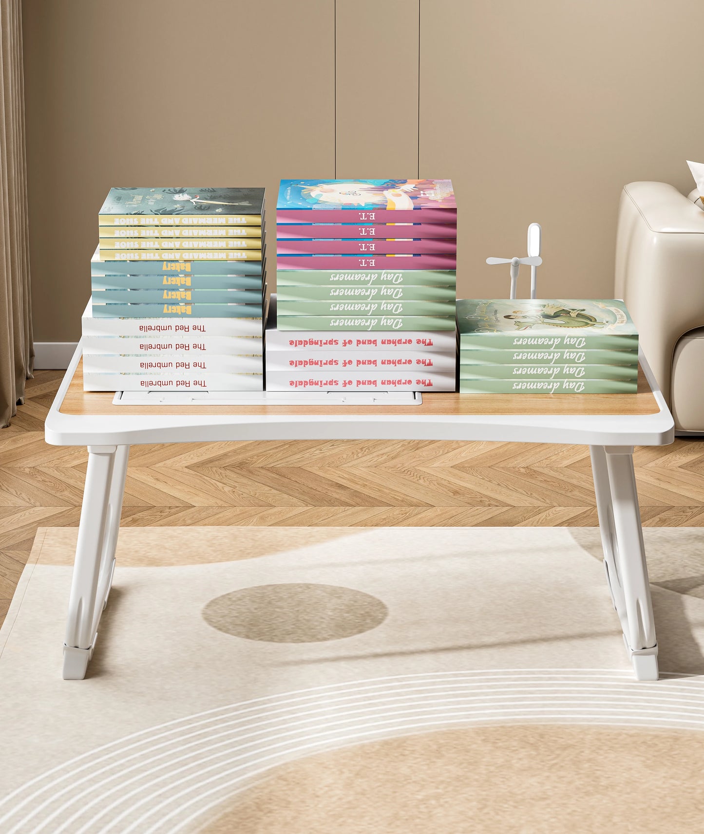 Portable Adjustable Height Foldable Bed Desk w/ Wooden Surface - Storage Slots