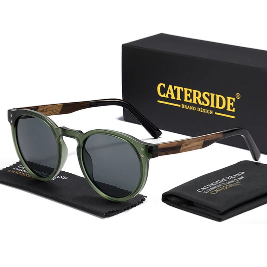 CATERSIDE Men's Round Sunglasses Solid Wood Temple High-Quality Spring Hinge Sun Glasses Women's Party Travel Eyewear UV400