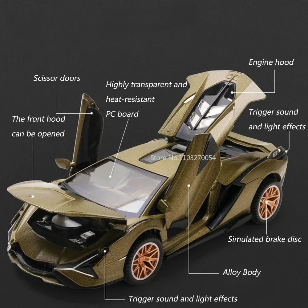 1/32 LP740 Sian Toys Model Car Diecast Alloy Sports Car Metal Body Rubber Tire Doors Opened Sound Light Pull Back Toy Kid Gifts
