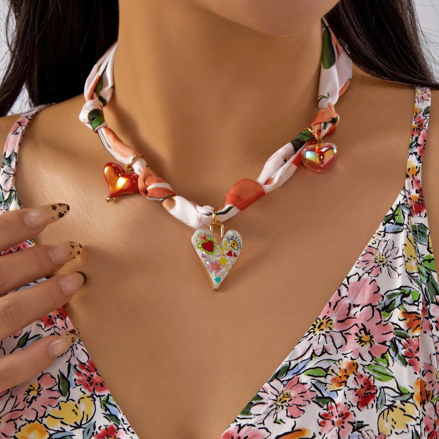 Sweet Cherry Strawberry Bow Heart Pendant Necklace Women's Colorful Ribbon Choker New Trend Neck Chain Jewelry Y2K Accessories