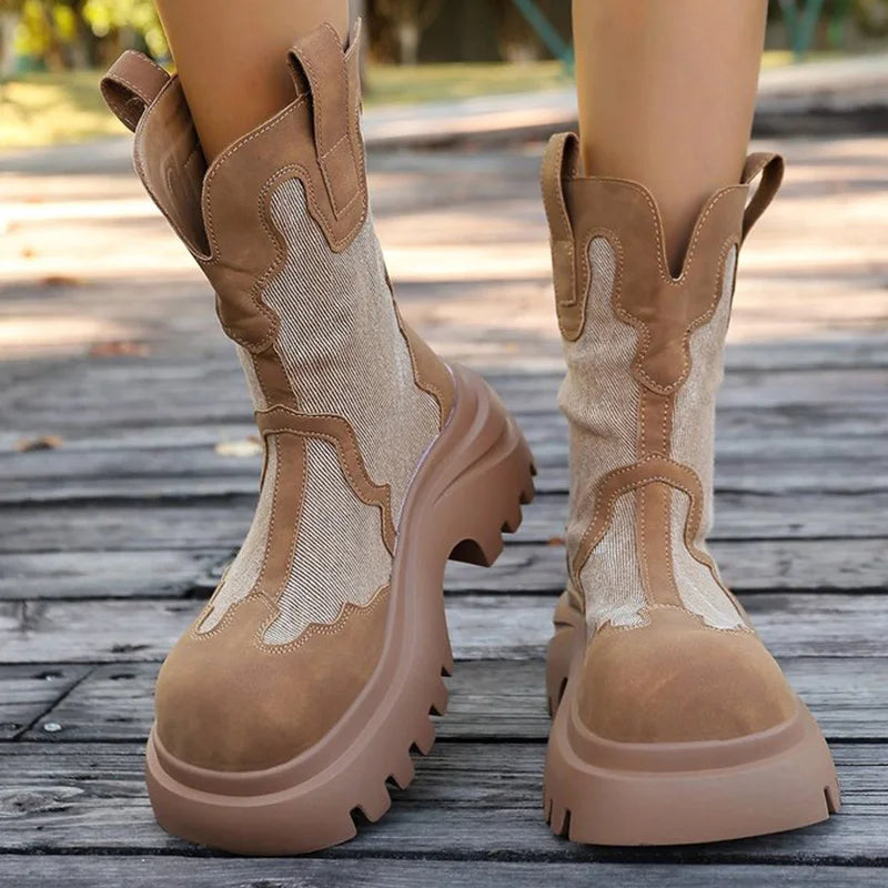 Retro Zipper Up Black Khaki Women's Boots Autumn Winter High Heel Platform Ankle Boots Woman Anti Slip Wedges Botas Mujer