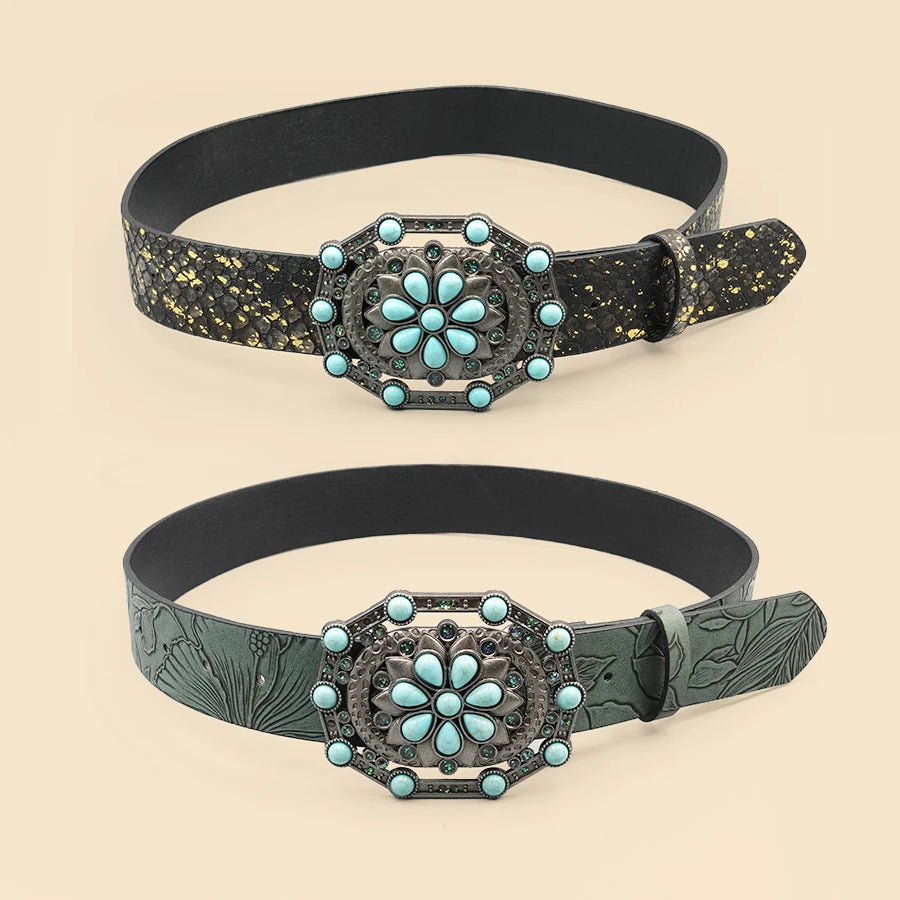 Retro Court Style Imitation Gemstone Inlaid Women's Wide Belt, Western Denim Style, Niche Women's Belt