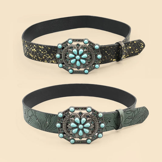 Retro Court Style Imitation Gemstone Inlaid Women's Wide Belt, Western Denim Style, Niche Women's Belt