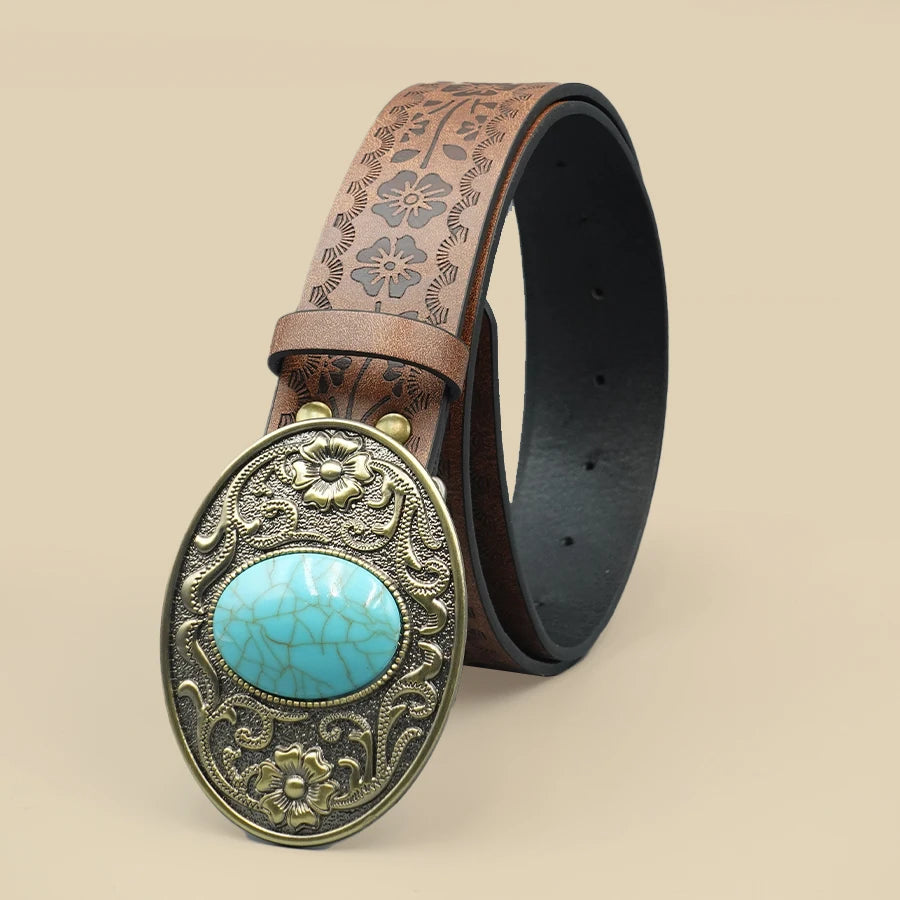 Elegant Vintage Royal Women's Belt - Floral Design with Blue Turquoise Buckle, Perfect for Daily Commute & Travel