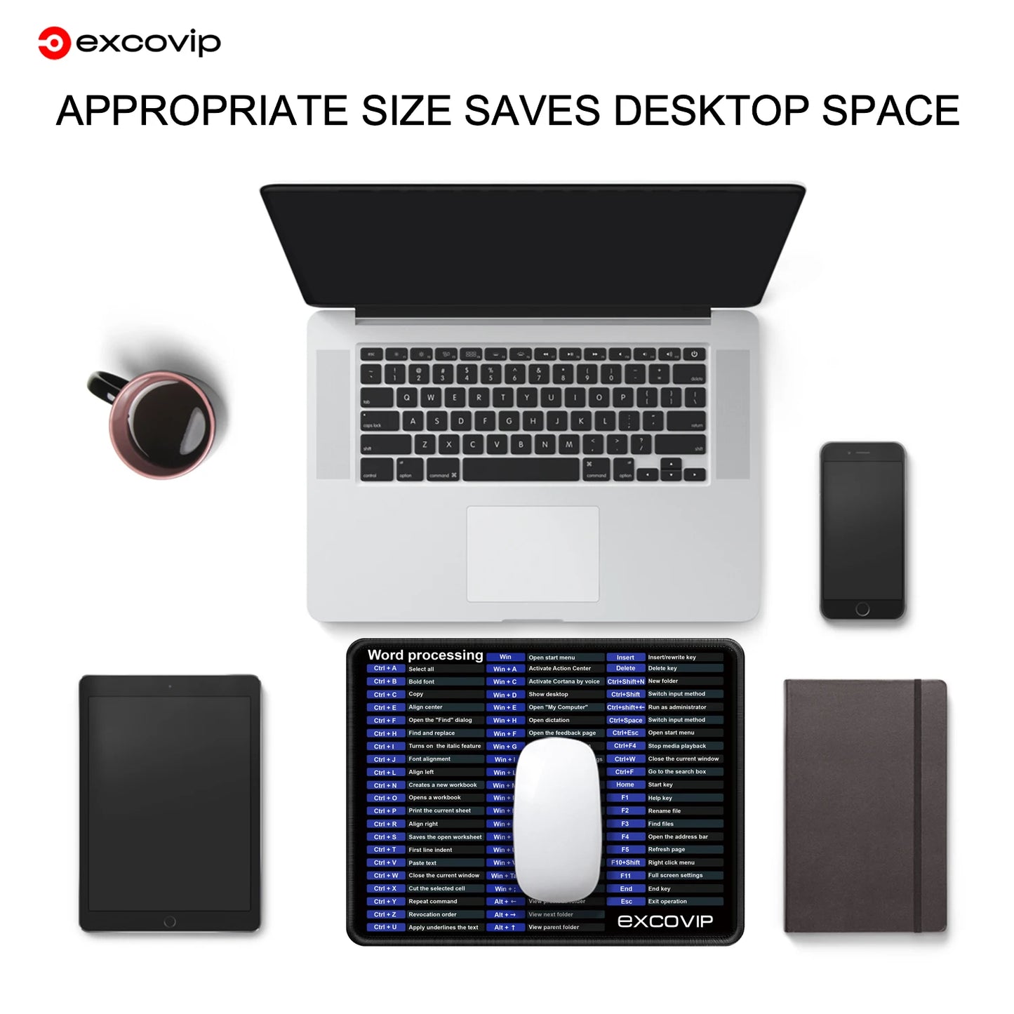 EXCO Shortcuts Mouse Pad Small with Stitched Edge Office Word CAD Smooth Cloth Mousepad Non-Slip Rubber Base for Computer Laptop
