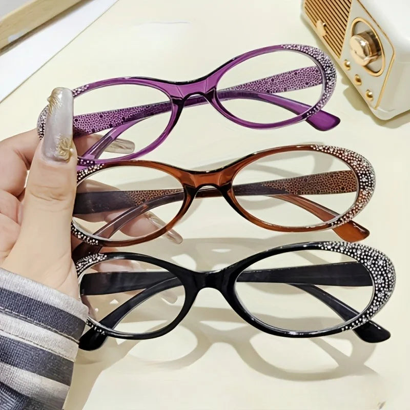 3PCS Elegant Small Frame Women's Reading Glasses with Shiny Oval Frame Reading Glasses Daily Wear Elegant Frame Retro Style