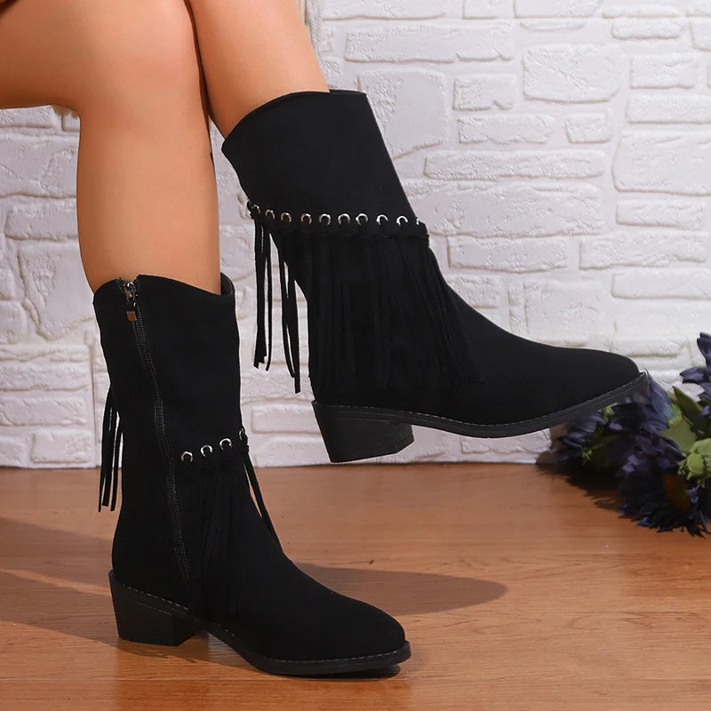 Vintage Tassels Thick Heels Mid Calf Boots Women Autumn Winter Pointed Toe Western Boots Woman Plus Size 43 Zipper Cowboy Botas