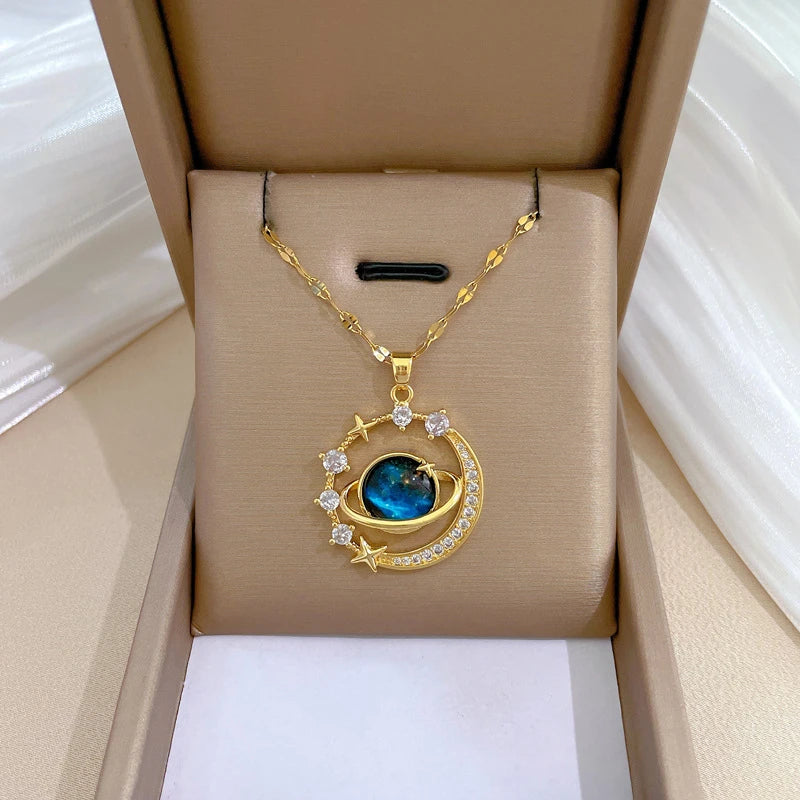 Stainless Steel Zircon Planet Star Pendant Necklace For Women Girl Elegant Aesthetic Clavicle Chain Necklace Jewelry Party Gift