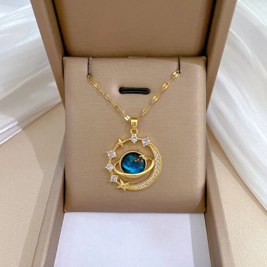 Stainless Steel Zircon Planet Star Pendant Necklace For Women Girl Elegant Aesthetic Clavicle Chain Necklace Jewelry Party Gift