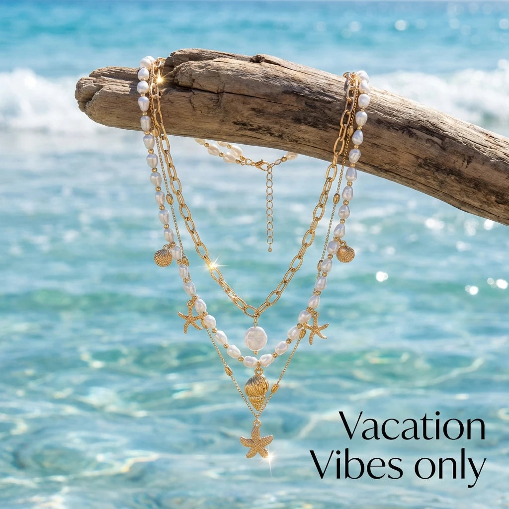 Vacation 3 Layer Starfish Conch Shell Faux Pearl Necklace Summer Beach Ocean Theme Boho Pendant Jewelry For Women