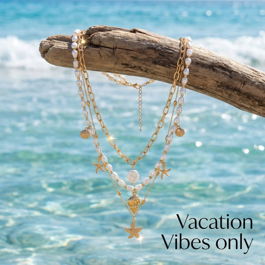 Vacation 3 Layer Starfish Conch Shell Faux Pearl Necklace Summer Beach Ocean Theme Boho Pendant Jewelry For Women
