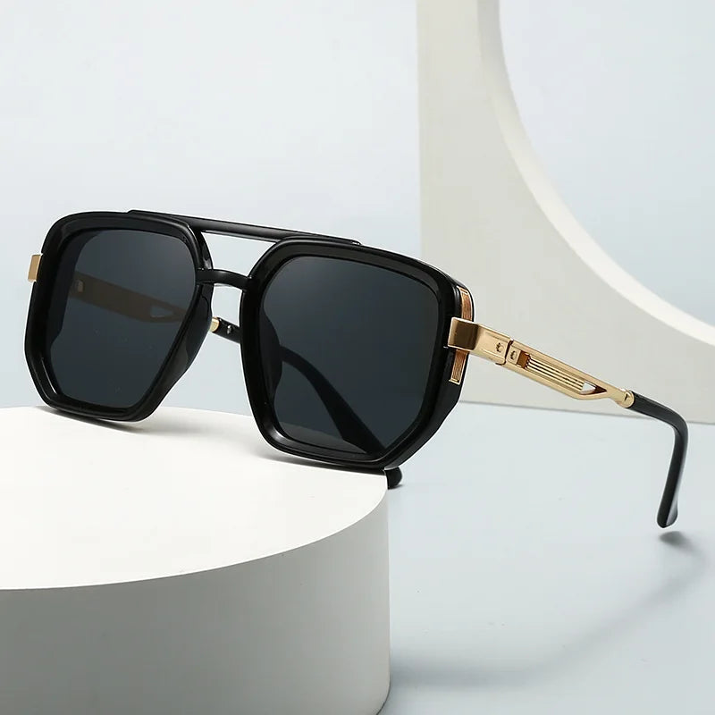 JNPCXI Fashion Double Bridges Square Sunglasses Women Retro Ins Popular Rivets Green Black Men Punk Sun Glasses Shades UV400