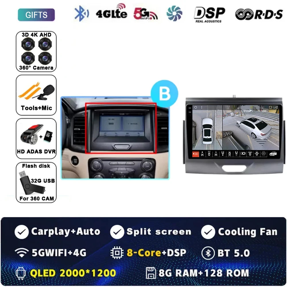 For Ford Ranger 2015 2016 2017 2018 2019-2022 Android 16 Car Radio Stereo QLED Screen GPS Multimedia Carplay Autoradio Head unit