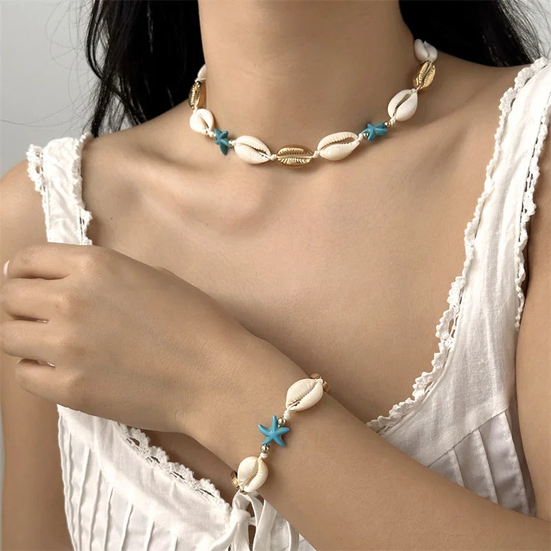 Bohemian Starfish Shell Charms Bracelet Necklace Set For Women Summer Beach Hand Woven Rope Necklace Vacation Party Jewelry Gift