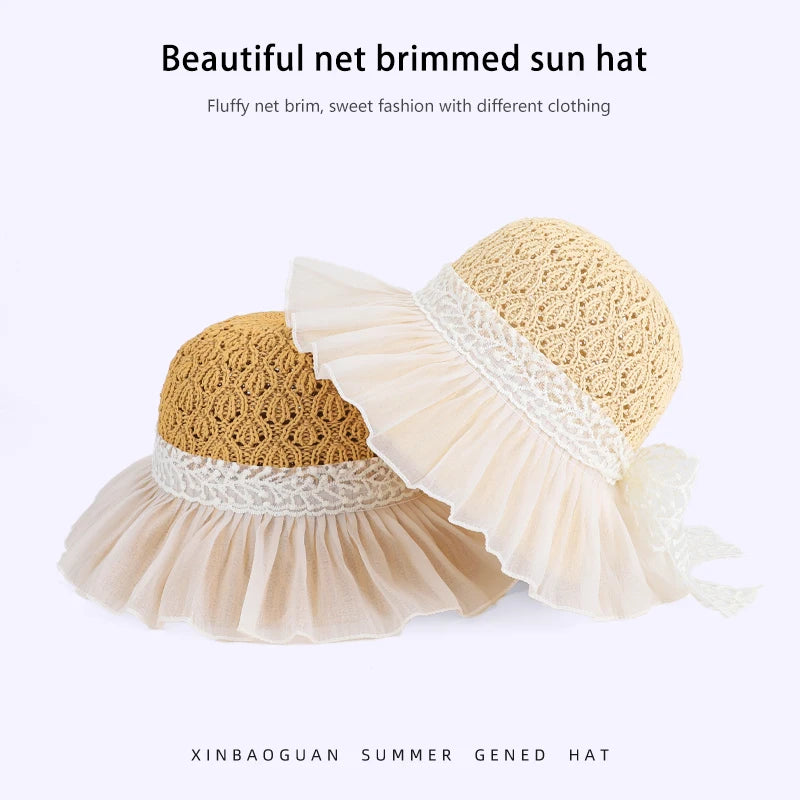 6179-New summer women's sheer breathable sun hat with children's lace ribbons and bow at the brim, fisherman style hat