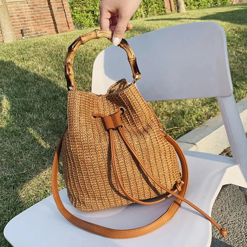 2026 Summer Beach Straw Bucket Bags Weave Tote Bag Female Bohemian Shoulder Bags for Women Lady Travel Handbags and Purses