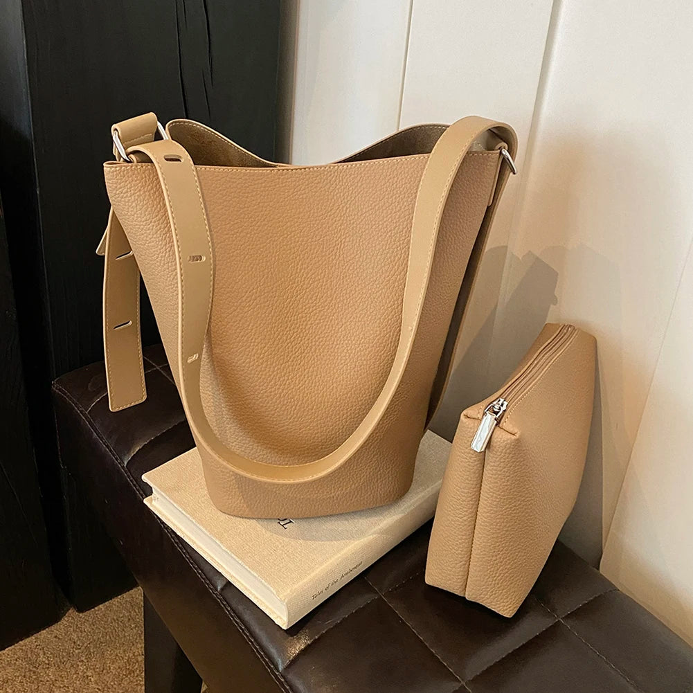 Women Bucket Bag Adjustable Strap Shoulder Bag Leather InnerPocket Crossbody Bag