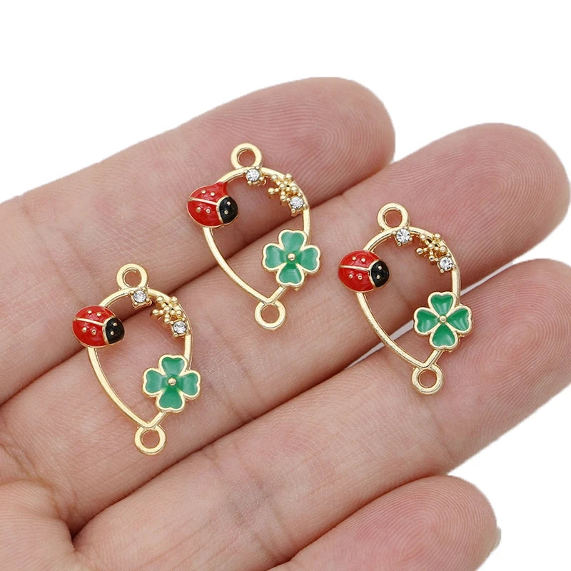 10Pcs Gold Plated Enamel Clover Ladybug Teardrop Charm Connector for Making Bracelet DIY Jewelry Accessories Handmade 24x16mm