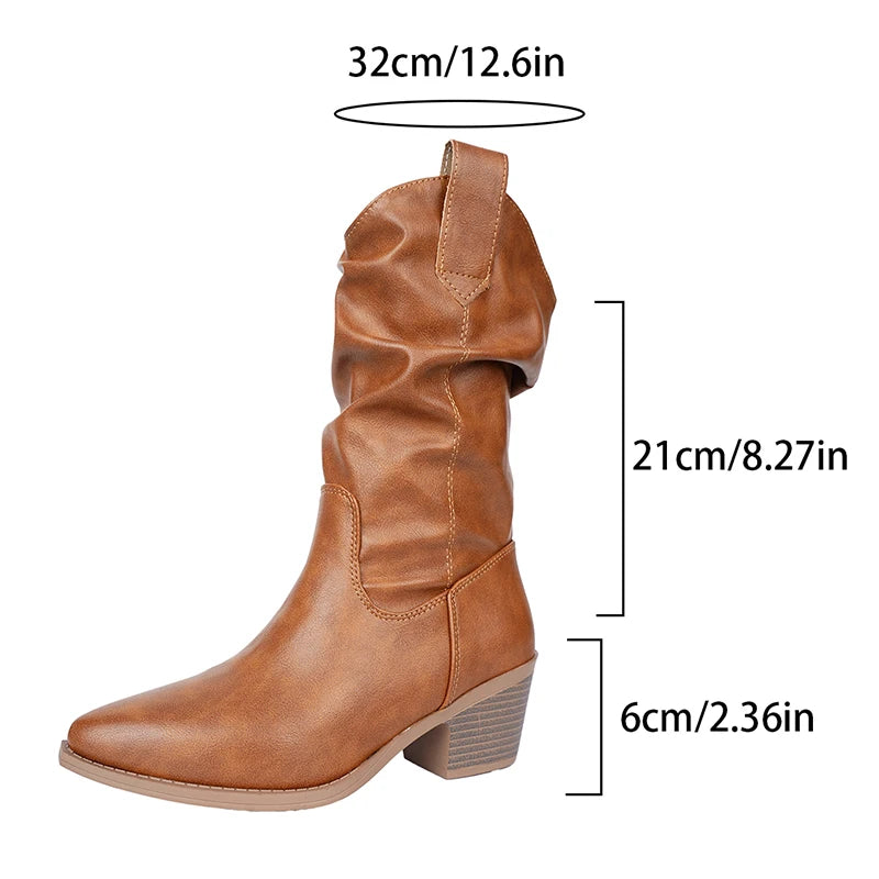 Sexy Pointed Toe Brown Mid Calf Boots Women Plus Size 43 Block Heel Western Cowboy Boots Woman Slip On Pu Leather Riding Booties