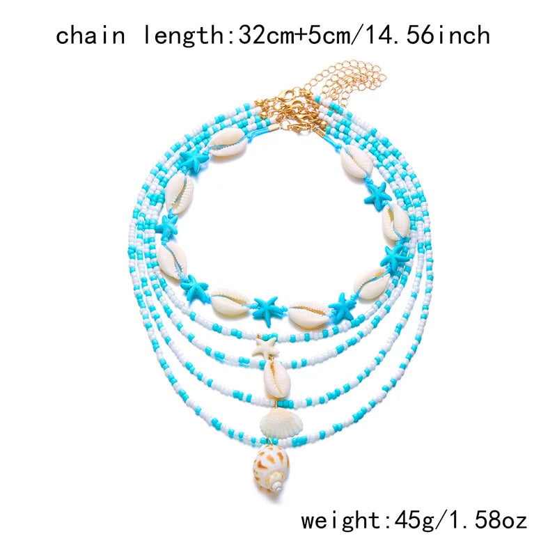 Bohemian Blue Beaded Choker Necklace Set for Women Summer Beach Cowrie Shell Starfish Pendant Multilayer Chains Holiday Jewelry
