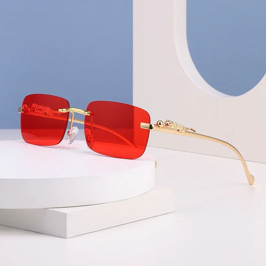 Rimless Square Fashion Fashion Glasses with Leopard Print Accents, Golden - Tone Metal Frame, Gradient Lenses