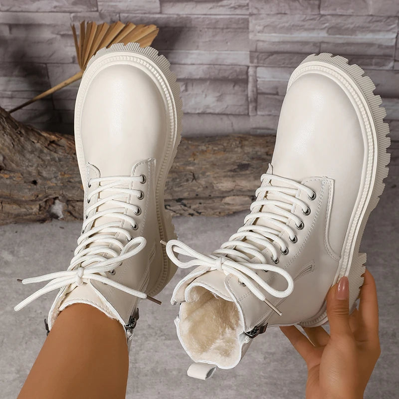 2025 Zippers Platform Ankle Boots for Women Autumn Winter Warm Thick Plush Short Booties Mujer Thick Sole Lace Up Boots Woman