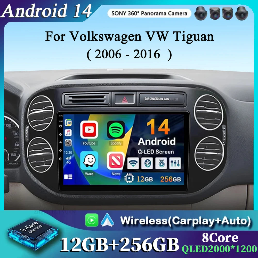 Android 14 For Volkswagen VW Tiguan 2006 - 2016 Golf Car Radio Wireless CarPlay Auto Multimedia Player GPS 4G WiFi 360 Camera