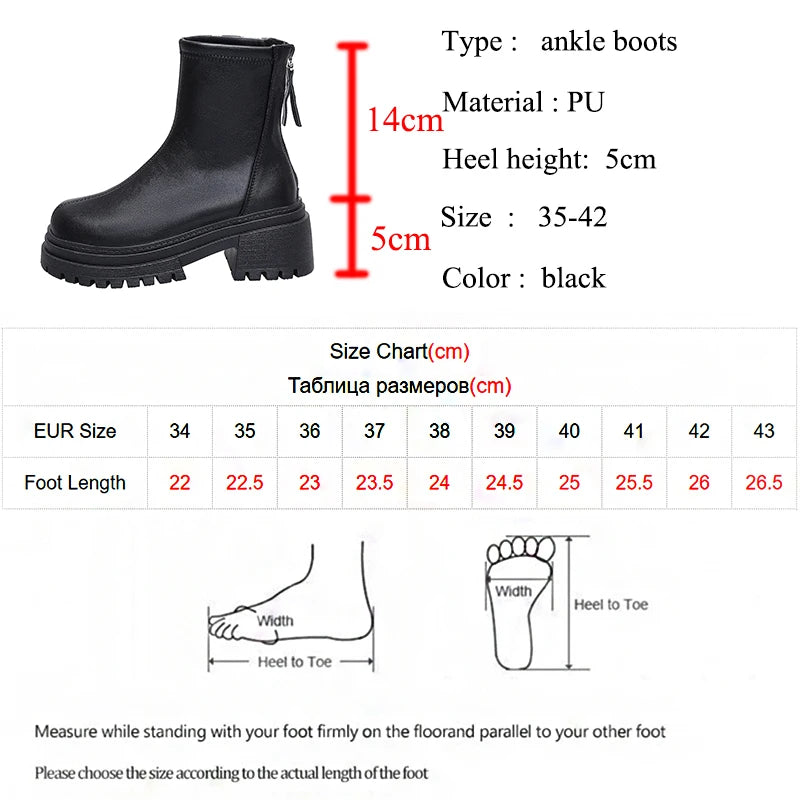 Pu Leather Black Ankle Boots Women Plus Size 42 Back Zipper Platform Boots Woman Streetwear Thick Sole Motorcycle Shoes Female