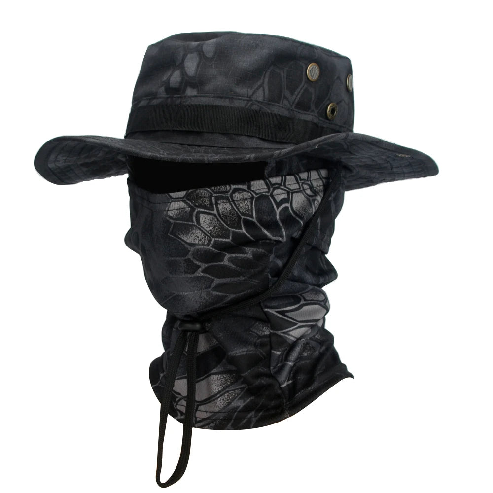 2Pcs Wide Brim Hat & Balaclava Set Men Outdoor Sun Boonie Cap Hiking Fishing Hat