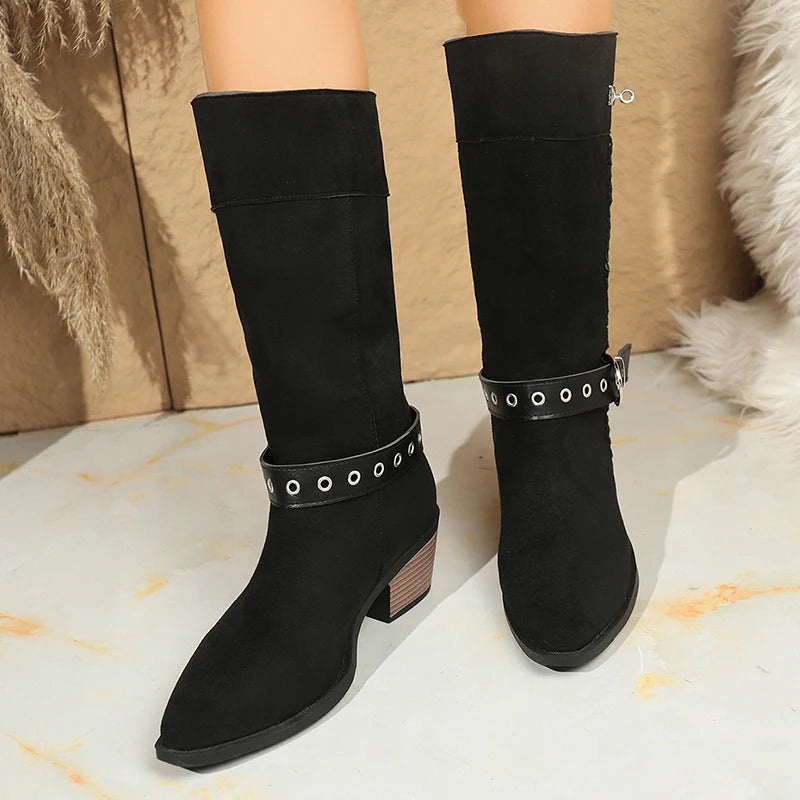 Belt Buckle Thick Heels Western Boots Women Retro Slip On Pointed Toe Knee High Boots Woman Plus Size Knight Long Botas Mujer
