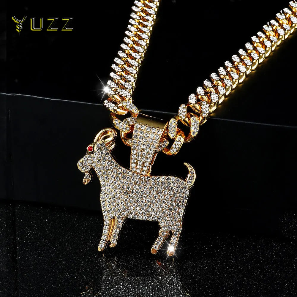 Men Hip Hop Fashion Full Rhinestone Animal Goat Pendant Necklace with 13mm Miami Cuban Chain Necklaces Rapper Rock Jewelry Gift
