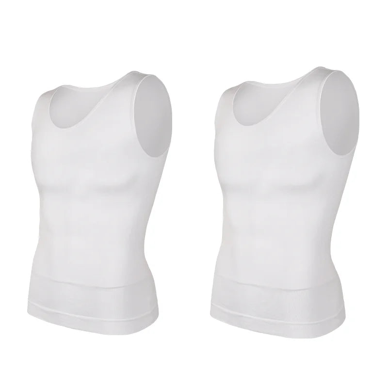 2PC White Men Compression Shirt Tummy Control Slim Vest Waist Trainer Workout