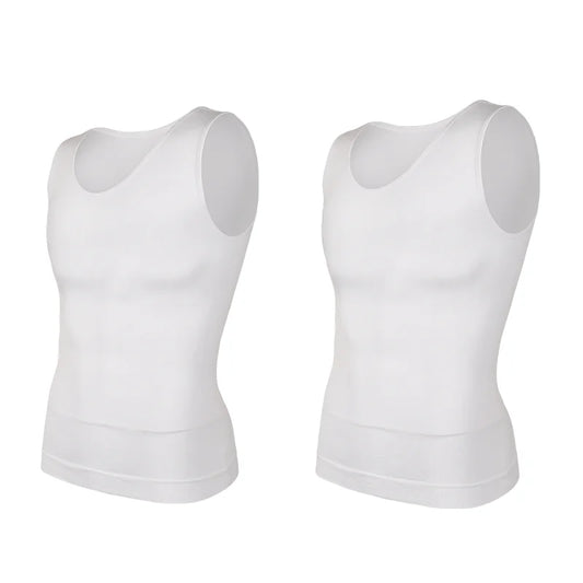 2PC White Men Compression Shirt Tummy Control Slim Vest Waist Trainer Workout