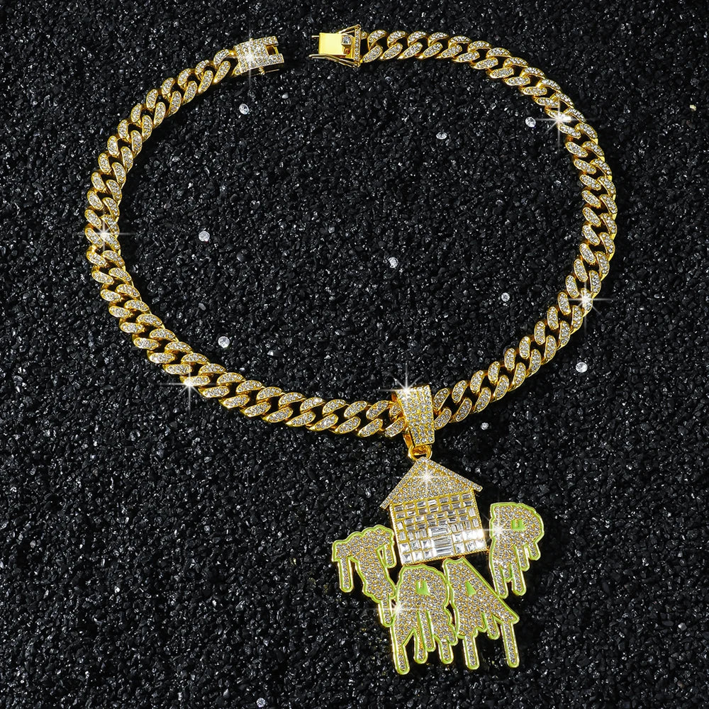 New Men's Exaggerated Trap House Pendant Cuban Necklace Hip Hop Style Iced Out Rhinestone House Letter Necklaces Charm Jewelry