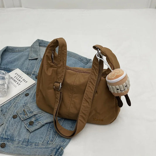 Brown Women Japan Hobo Embroidery Shoulder Bag Versatile Waterproof Commuter Bag