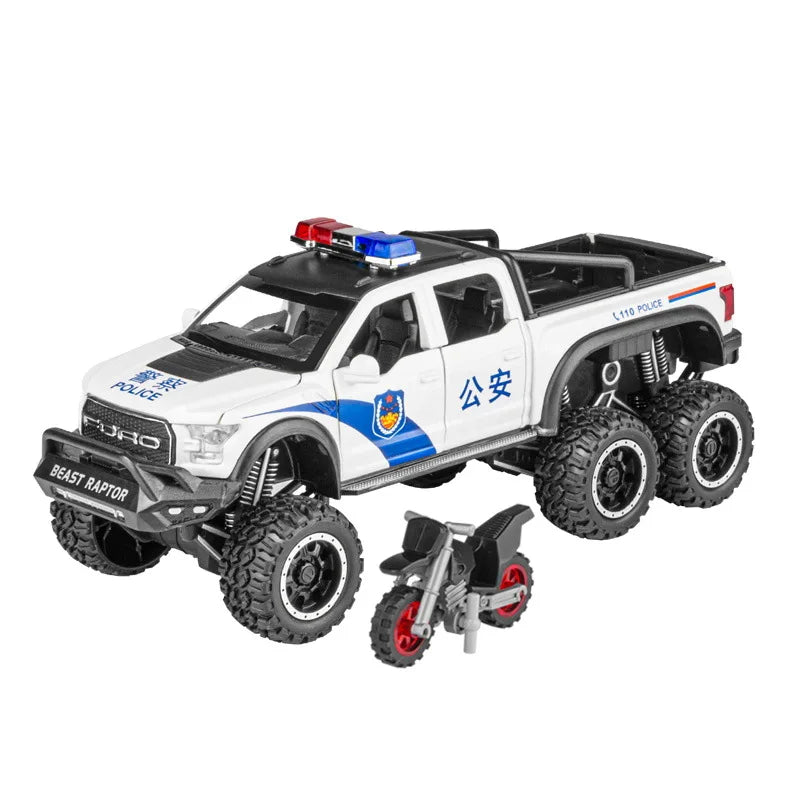 1/28 Raptor F150 Pickup Model Car Toys Diecast Alloy Off-road Police Cars 6 Doors Opened Sound Light Pull Back Toy For Kids Gift