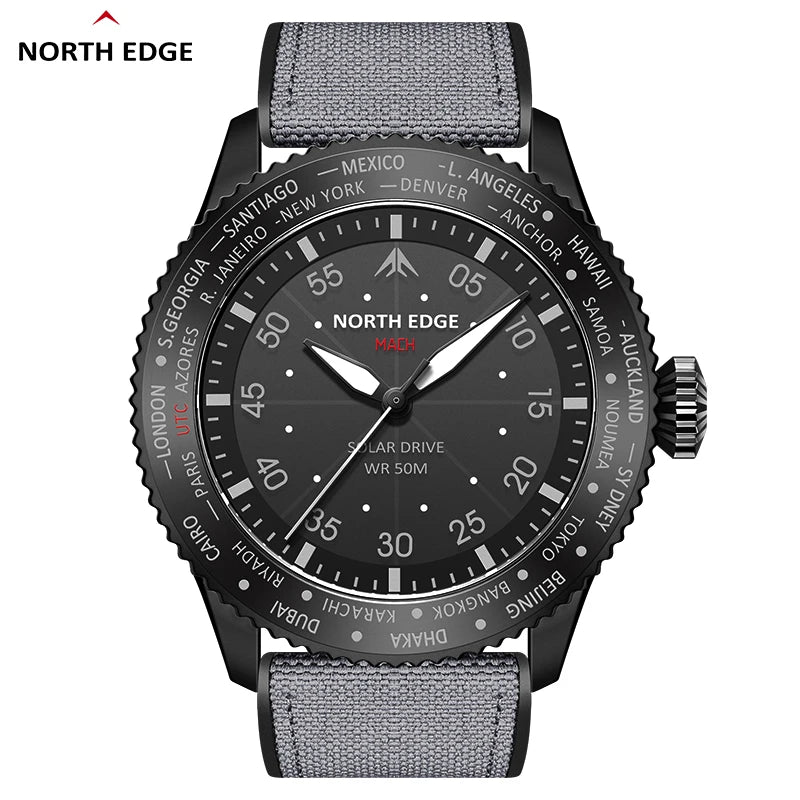 NORTH EDGE MACH Solar Power Quartz Mens Pilot Watch Luminous Waterproof Watches