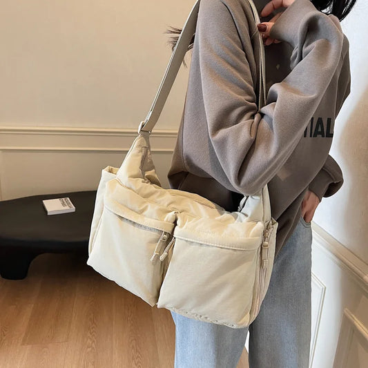 White Casual Work Style Waterproof Nylon Crossbody Shoulder Bag W/Large Capacity