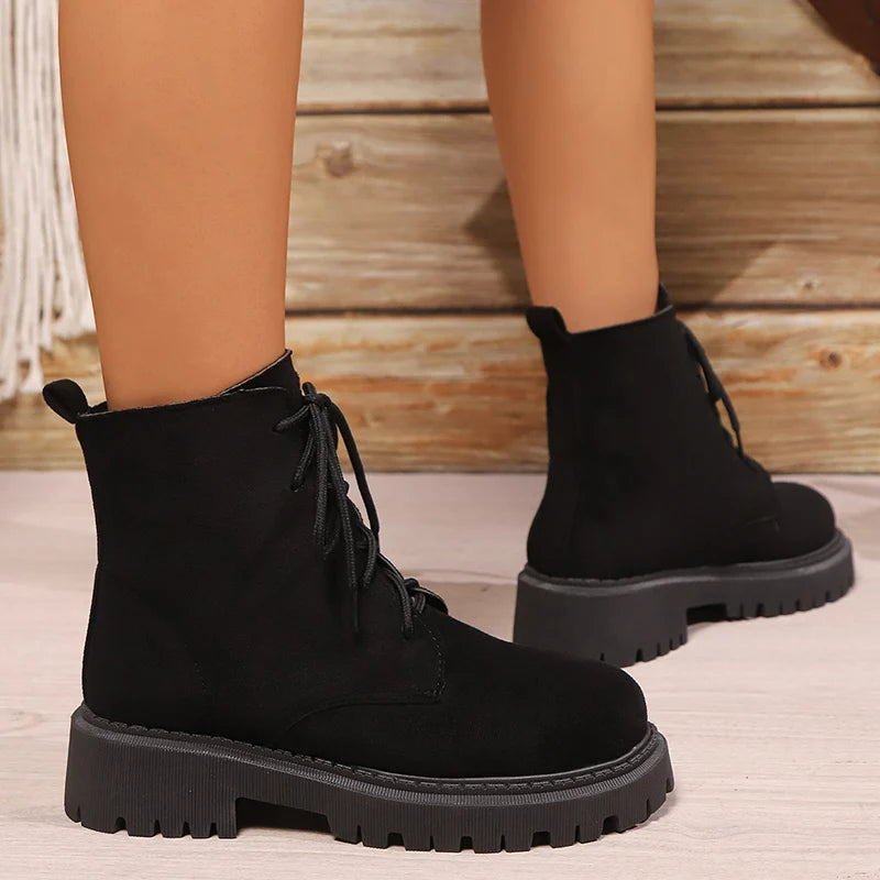 Retro Faux Suede Platform Ankle Boots Women Autumn Winter Plus Size Lace Up Shorts Booties Mujer Comfort Thick Sole Boots Woman